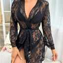 OYOANGLE Women's Floral Lace Wrap Deep V Neck Kimono Robe Flare Sleeve Belted Nightgown (Black, M)
