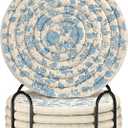 Drink Coasters Set of 6 - Cup Absorbent Coasters for Drinks Coffee Table Home Office Desk Decor Soft Woven Cotton Cloth Braided Fabric Drinking Cup Mat with Holder Cute Blue Flower Floral