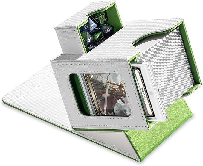Mage Tech Card Deck Box for MTG Commander - Patented Design, Commander Display, Fits 100 Double-Sleeved Cards, 35pt Card Brick & Dice Tray - White/Green