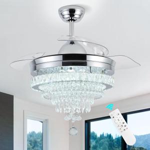 FRIXCHUR 42" Chandelier Ceiling Fans Dimmable Fandeliers Led Crystal Chandelier Ceiling Fans with Lights and Remote Retractable Chandelier Ceiling Fan for Bedroom Living Room Dining Room 40W*2 (9030Chrome)