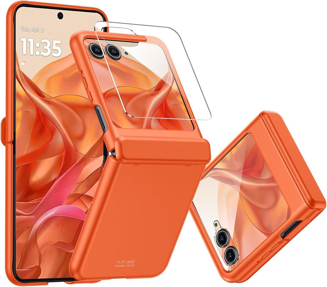 CENMASO for Motorola Razr 2025 Case/Razr 2024 Case with Hinge Protection & Built-in Screen Protector, Slim Full-Body Rugged Anti-Scratch Shockproof Protection Phone Case for Moto Razr 2025/2024-Orange