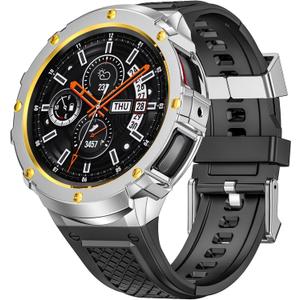 Silicone Band with Stainless Steel Case Cover Compatible with Samsung Galaxy Watch 7 44mm Bands Protective Case Cover for Men (Sliver & Gold)