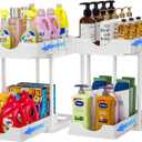 2 Pack Double Sliding Under Sink Organizers and Storage,Two Tier Bathroom Storage and Organization,Under Cabinet Organizer with Hooks,Home Organization, White