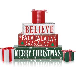 Geelin 4 Pieces Merry Christmas Wooden Table Decorations Xmas Wood Gift Boxes Decor Rustic Christmas Tiered Tray Decor Xmas Believe Tabletop Centerpieces for Home Desk Room Kitchen Shelf