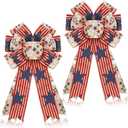 Unittype 2 Pcs Large Patriotic Wreath Bow Decor, 4th of July Wreath Red White Blue Burlap American Flag Star Bow for Indoor Outdoor Tree Topper Independence Day Memorial Day Party Decor,10 x 18 Inch