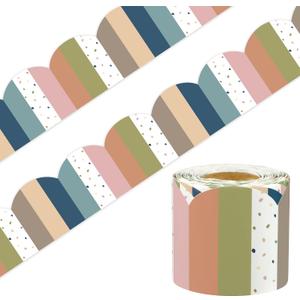 50 Ft Boho Bulletin Board Borders Scalloped Classroom Border Roll Stripe Polka Dot Border Trims Boho Colorful Bulletin Board Decorations for School Classroom Office Wall Chalkboard Decor