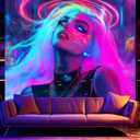 BSFHH Black Light Tapestry – UV Reactive Glow in the Dark Wall Hanging, Long-Haired Woman and Animal Black Light Tapestry, Wall Hanging Fluorescent Art Decoration, Bedroom, or Dorm (white-haired woman, 79"x59")