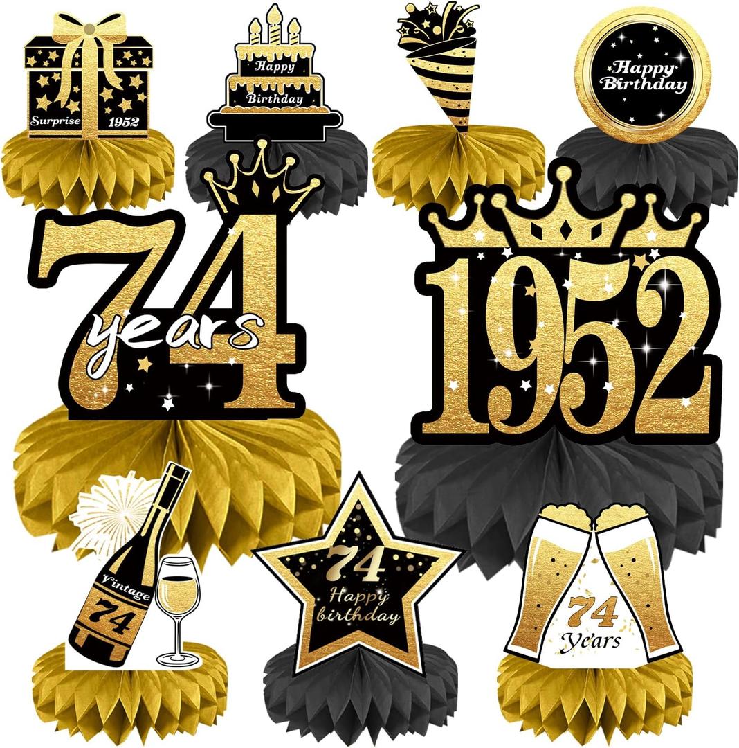 74th Birthday Decorations Set, 1952 Table Toppers for Women Men Birthday Party Supplies, Happy 74 Year Old Table Decoration for Grandpa Grandma, 9Pcs Black & Gold Honeycomb Centerpieces