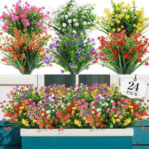 24 Bundles Artificial Flowers Outdoor,No Fade Fake Plastic Flowers Faux Plants for Decoration Hanging Planters Indoor Outside Garden Porch Window Box Home Farmhouse Wedding (6 Mix Colors)