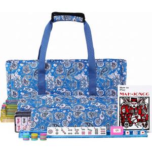 American Mahjong Set with Blue Carrying Bag, 166 White Tiles, 4 All-in-One Rack/Pushers, Mahjong Tiles Set (Ma Jong, Mah-Jongg, Majiang), 1.2" x 0.9" x 0.5"