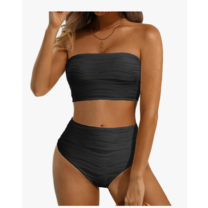 High Waisted Bandeau Bikini Set - Women Strapless Two Piece Swimsuits Ribbed Longline Full Coverage Bathing Suits Swimwear, Large