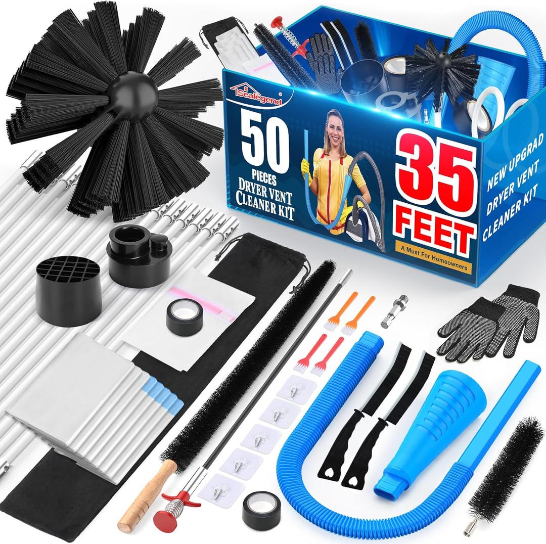 Sealegend 50-Pieces 35-Feet Dryer Vent Cleaner Kit, Dryer Cleaning Tools, Include Omnidirectional Blue Dryer Lint Vacuum Attachment, Dryer Vent Brush, Universal Vacuum & Dryer Adapters