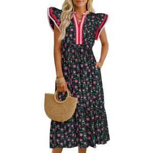 Wenrine Womens Summer Floral Midi Dresses Ruffle Cap Sleeve V Neck Flowy Boho Casual Beach Vacation Sundress M