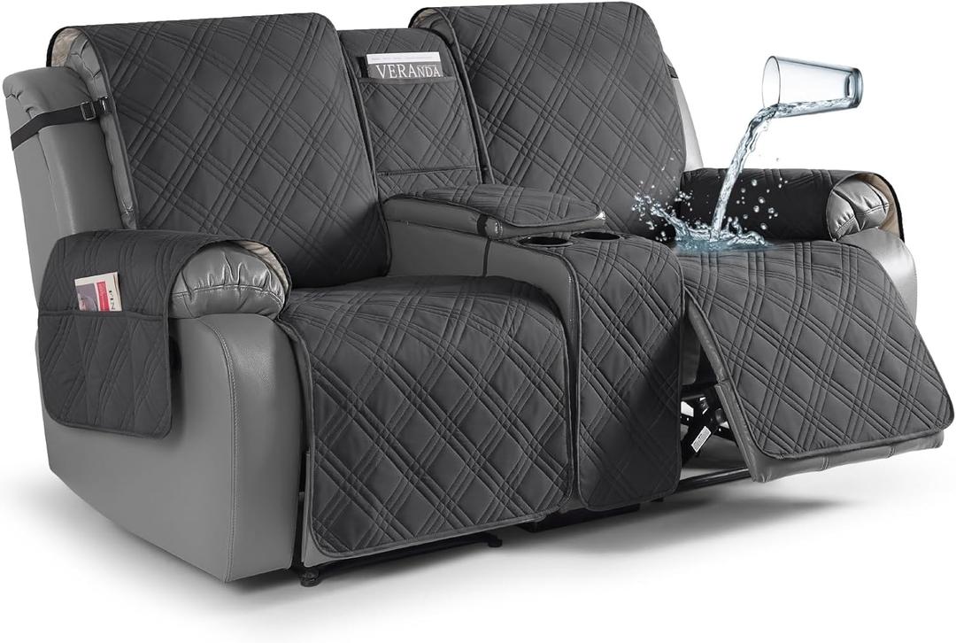 TAOCOCO Loveseat Recliner Cover with Console, Non-Slip Split Reclining Pet Cover for Dual Loveseat Recliner, Furniture Protector with Elastic Straps (2 Seater, Charcoal Gray)