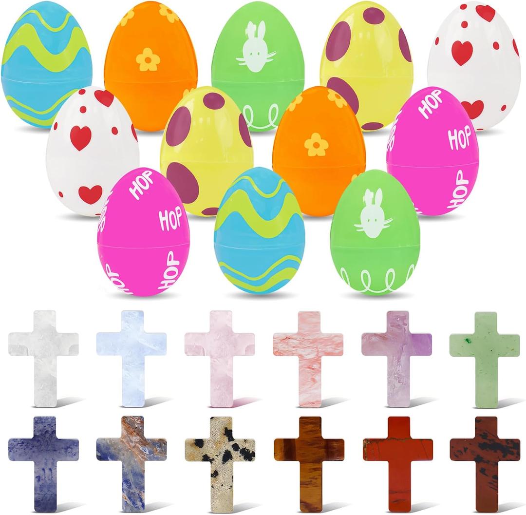 NZNDB 12 Pcs Prefilled Easter Eggs with Mini Cross Crystal Stone Bulks, Easter Eggs With Pocket Crosses for for Kids Boys Girls Easter Basket Stuffers Party Favors Easter Egg Hunt