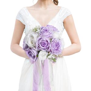 Wedding Bouquet for Bride - Premade Simple Artificial Roses Flowers for Bridal Shower Destination Ceremony Anniversary Decorations (Lilac & White)