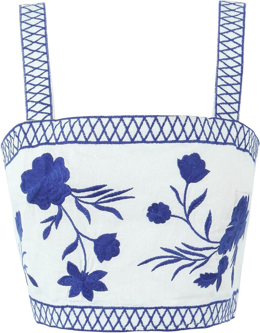 Women's Floral Embroidery Wide Strap Boho Crop Tops Square Neck Sleeveless Summer Cami Shots (White, XXL)