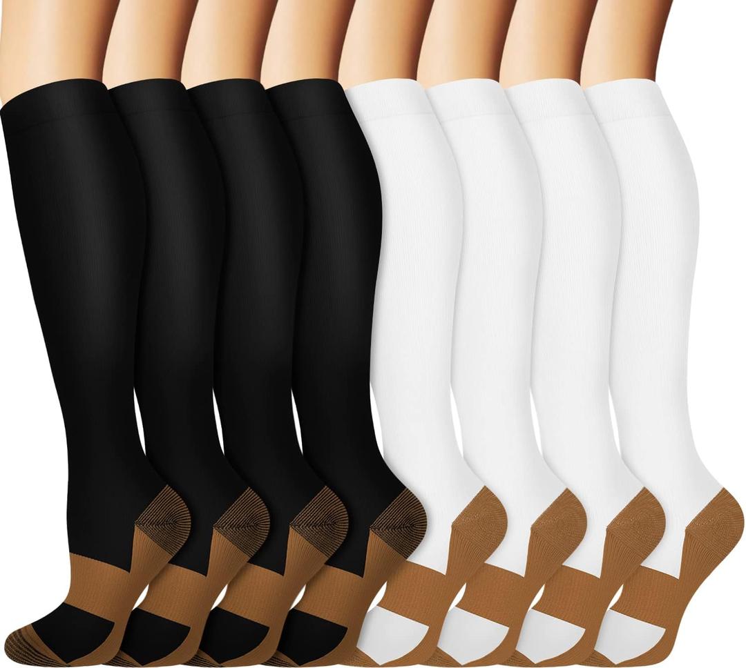 Graduated Copper Compression Socks for Men & Women Circulation 8 Pairs 15-20mmHg - Best for Running Athletic Cycling (Small-Medium, 4 Black+ 4 White)