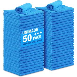 Shop Towels Rags, 50 Pack Reusable Shop Rags Bulk Microfiber Cleaning Cloth Lint Free Cleaning Towels for Car Kitchen Automotive Bar Mechanic Restaurant Garage, 11.5"x 11.5", Blue
