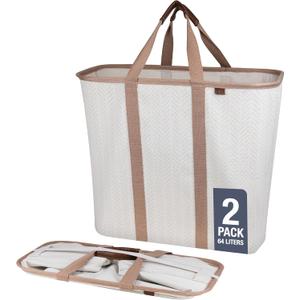 CleverMade Collapsible Laundry Caddy -LUXE Cream Herringbone 2Pack 64L -Foldable Storage Organization Container Clothes Laundry Room Storage Solution