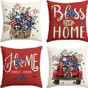 AVOIN colorlife Bless Our Home Eucalyptus Stars Fireworks Car Throw Pillow Covers, 18 x 18 Inch 4th of July Patriotic Independence Memorial Day USA Flag Cushion Case for Sofa Couch Set of 4 (Red)