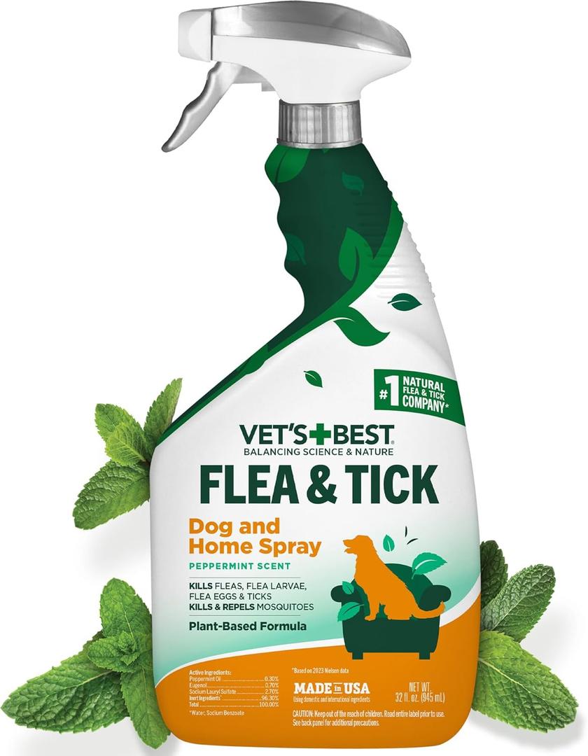 Vet's Best Natural Indoor Flea and Tick Spray  Dog Flea and Tick Treatment for Home, Plant-Based Formula with Natural Oils, Kills Fleas, Eggs & Ticks on Contact, Made in USA, 32 oz