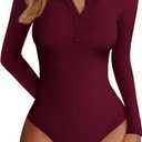 PRETTYGARDEN Long Sleeve Bodysuits for Women 2026 Ribbed Knit Henley Button Up Slim Fitted Basic Tops Spring Fashion Clothing, M