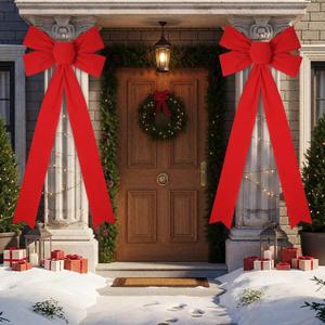 Janinka 2 Pcs 30 x 75 Inches Giant Christmas Velvet Bows for Front Porch Columns Extra Large Bows with Long Streamer Outdoor Pillar Christmas Porch Decor for Holiday Xmas Tree Decorations (Red)