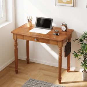 Vintage Solid Wood Writing Desk - 31.5" Mid Century Modern Desk with Drawer, Small Wooden Computer Desks for Home Office, Secretary Desks, Traditional Vanity Dressing Table for Bedroom, Walnut, 31.5*15.7*29.5 Inch
