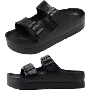 Womens Platform Sandals with Arch Support, Adjustable Buckle Beach Sandal Woman Comfort Lightweight Ultra Cushion EVA Slides (10, Double Buckle-black)