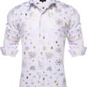 DiBanGu Christmas Shirts for Men Holiday Button Down Snowflake Dress Shirts Xmas Festival Long Sleeve Shirt for Vacation (3X-Large, White Gold)