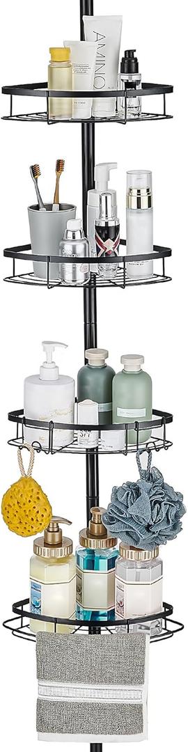 WPT Black Shower Caddy Corner Organizer for Bathroom, Stainless Steel Tension Pole Corner Shelf Shower Caddy Stand for Bathtub Shampoo Storage, 4 Tier Adjustable Shelves, 28.7 to 104.7 Inches
