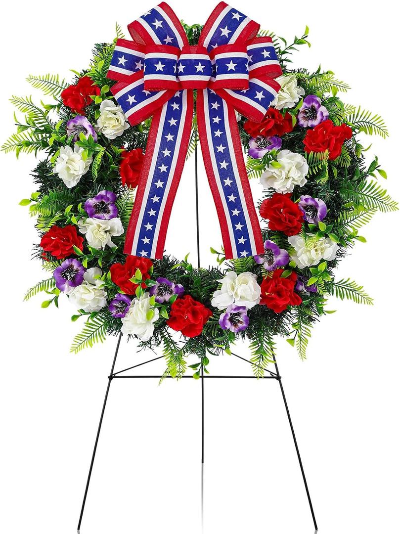 Crowye 2pcs Memorial Day 4th of July Grave Wreaths with Stand Set 23. 62in Cemetery Wreaths 30in Easel Patriotic Gravestone Headstone Independence Day Decor (USA Bow Rose Style)