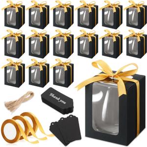 Fulmoon 50 Pack Gift Boxes for Wine Glass Transparent Gift 9 oz Stemless Glass Paper Packaging Box with Ribbon Tag Hemp Rope for Wedding Bridal Shower Baby Shower Birthday(Black)