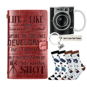 Vesici 5 Pcs Christmas Photographer Gift Set Camera Coffee Mug Keychains Socks Leather Embossed Refillable Notebook for Men Women Photo Lovers Photo Club Camera Encouragement Gift