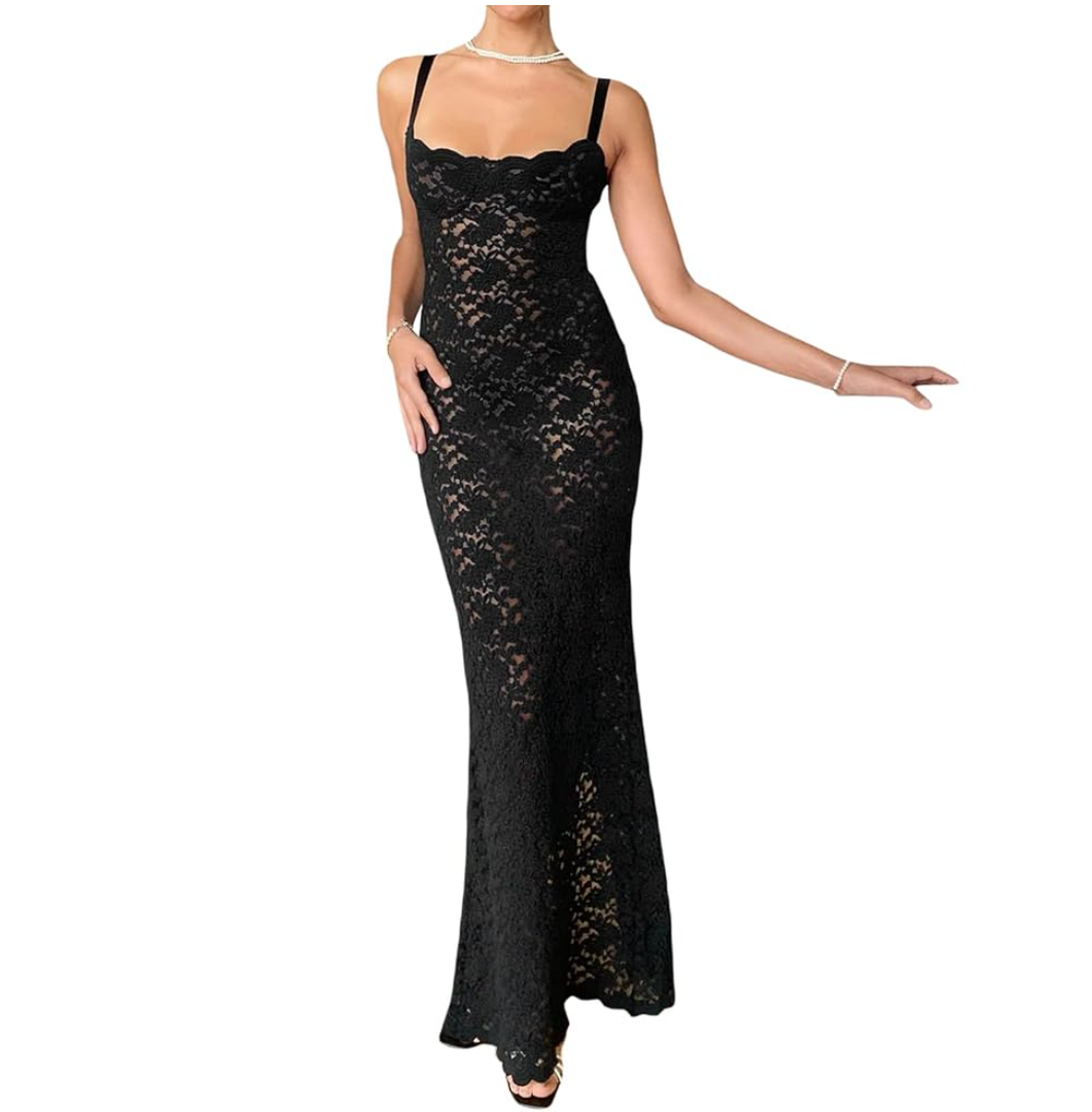 Chezvogue Sheer Lace Maxi Dress Mesh See Through Long Dress Beach Party Dresses Size L