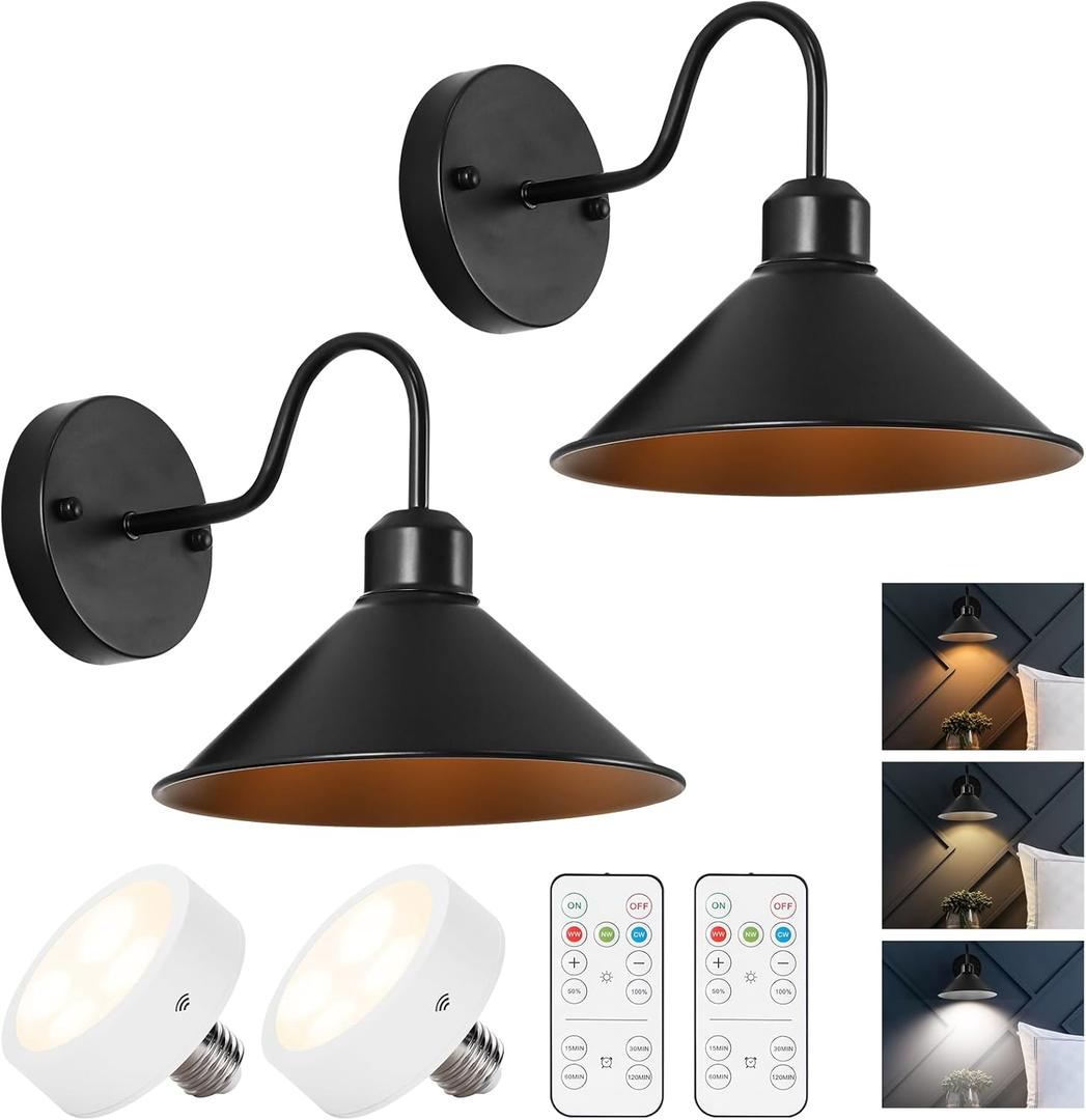 Vintage Gooseneck Wireless Battery Operated Wall Sconces Set of 2, Black Cordless Battery Powered Led Wall Lamps Decor with Remote, Dimmable Indoor Beside Light Fixture for Bedroom Kitchen (Blue)