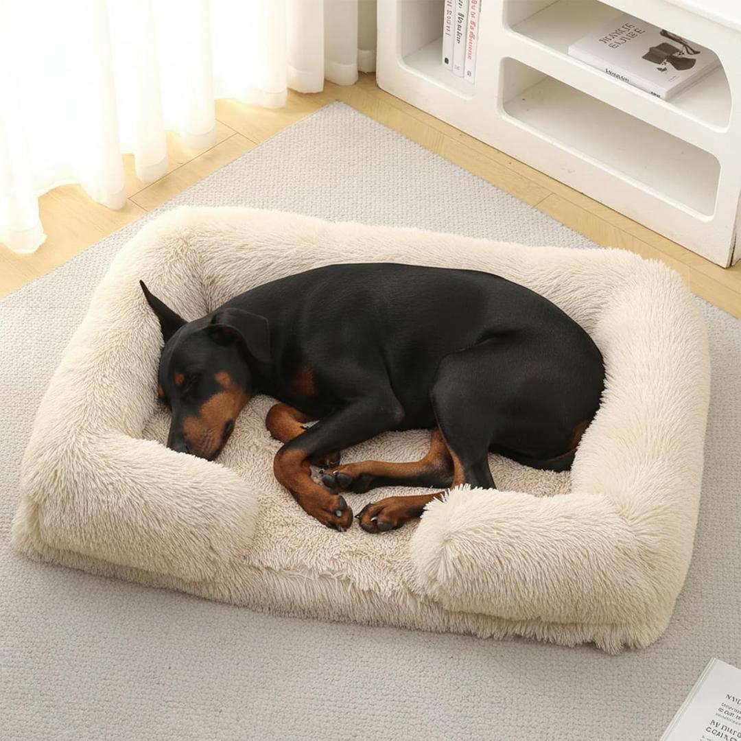 CareCooo Orthopedic Dog Bed for XXL Dogs Washable Memory Foam Pet Sofa, Fluffy Plush Rectangular Bed, Waterproof Anti-Anxiety Couch, Light Brown, XXL