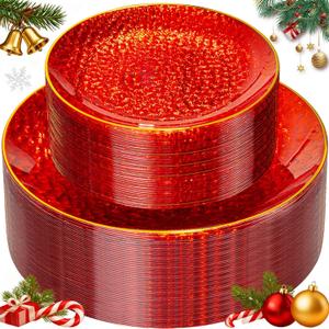 Rubtlamp 60 Pcs Red Plasitc Plates, Gold Red Disposable Plates, Fancy Party Plates, Hammered Plastic plates Include 30 Dessert Platos, 30 Dinner Platos for Party, Thanksgiving&Christmas
