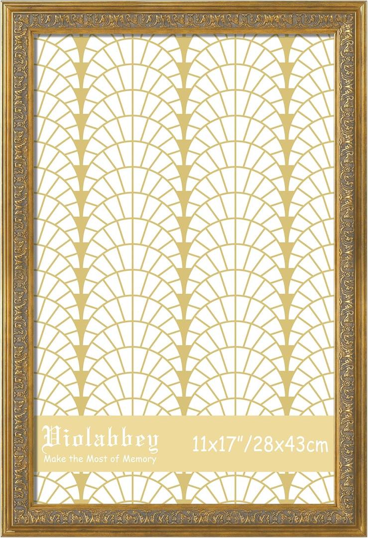 VIOLABBEY 11x17 Picture Frame Gold, Vintage Photo Frames Ornate without Mat for Wall Hanging