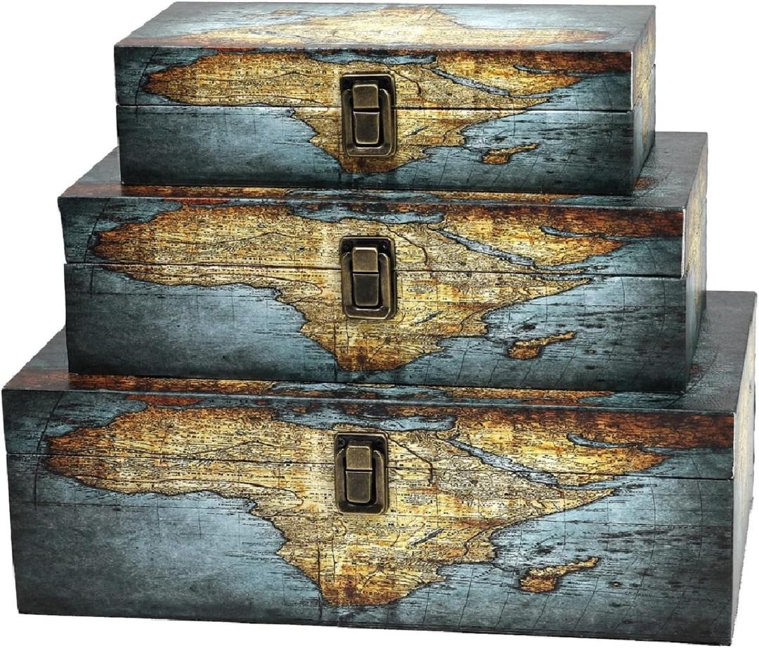 Jolitac Wood Storage Box Set of 3, Vintage Decorative Nesting Boxes Wooden Treasure Storage Crates With Latch, Home Decor Rustic Antique Boxes With Lid for Photos, Jewelry, Cash (Rectangle- Map)
