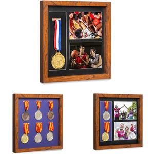 IHEIPYE Medal Display Shadow Box - Single Medal Display case - Perfect Medal Display for Runners, Marathon, Race Winner,Soccer, Gymnastics & All Sports Walnut,12x12