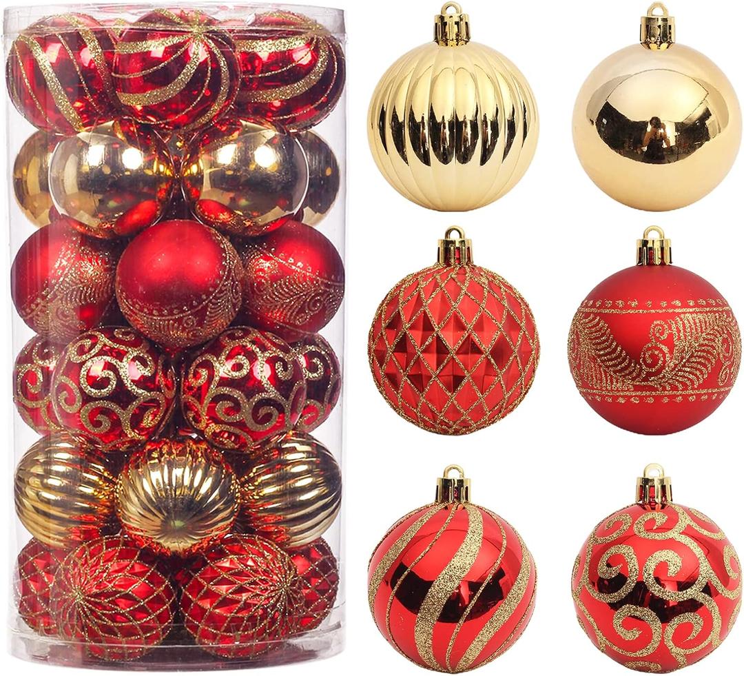 30 pcs Christmas Tree Balls, 2.36" Christmas Ornament Decorations Shatterproof Ornaments Gold and Red Color Painted Christmas Baubles Decorations for Party Wedding Christmas Decor