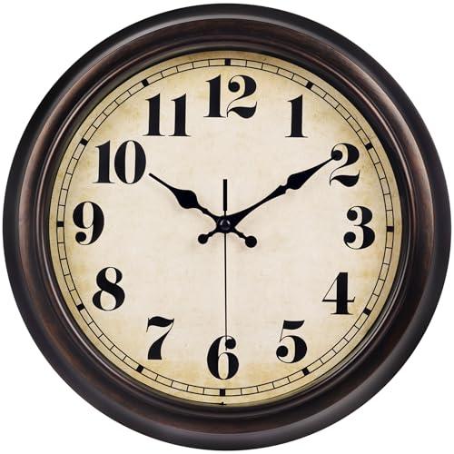 45MinST 13 Inch Red-Brown Vintage Large Wall Clock, Quartz, Battery Operated, Quiet Non-Ticking Accurate Movement with Bold Numerals, Elegant Home Decor