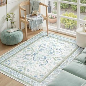 DCX Green 3x5 Rug, Kid & Pet Friendly with Rubber Back Non Slip, Machine Washable Stain Resistant Botanical Floral Rug for Bathroom, Kitchen, Soft Low Pile Small Carpet