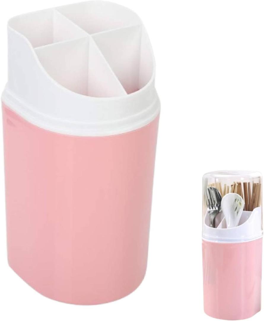 Utensil Drying Caddy, Kitchen Utensil Holder, Chopsticks Holder Drying Rack with Cover 4 Slots Cutlery Storage Organizer for Forks Spoons Cutlery Caddy Bin(Pink)