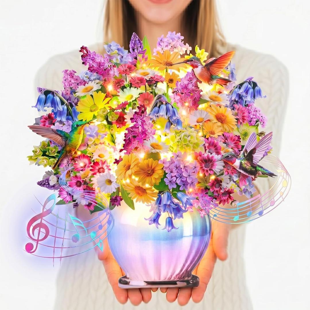 Mothers Day Gifts for Mom, Grandma, Wife-Pop Up Card with Music and Lights Life Sized 3D Paper Flower Bouquet – Greeting Card for Women, Mom, Wife, Daughter, Grandma – Birthday Gift with Envelope-Hummingbird