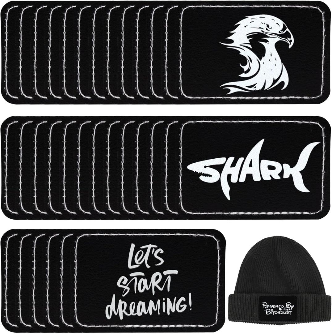 30 Pack Blank Leatherette Hat Patch with Adhesive, Rectangle Laserable Leatherette Patch, Faux Leather Patches for Hats Custom Fabric Repair Sew Laser Supplies (Black White, 3 x 2 Inches)