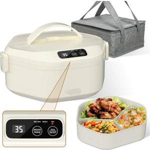 Cordless Electric Lunch Box, 1L Heated Lunch Box, 16000mAh Battery Powered, Fast Heating, 3-Compartment Tray, Portable for Car, Truck, Office, Camping