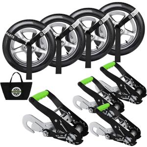 Car Tie Downs Straps with Snap Hooks for Trailers(4pk) - Reflective 2" x10ft Car Hauler Straps - Heavy Duty Tire Straps - Lasso Style -10,000lb Break Strength Car Straps for Trailer, UTVs, ATVs (Black)